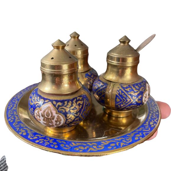 Thai Condiment Set Brass & Enamel with Tray Blue Gold Salt & Pepper Vtg MCM - Picture 1 of 12